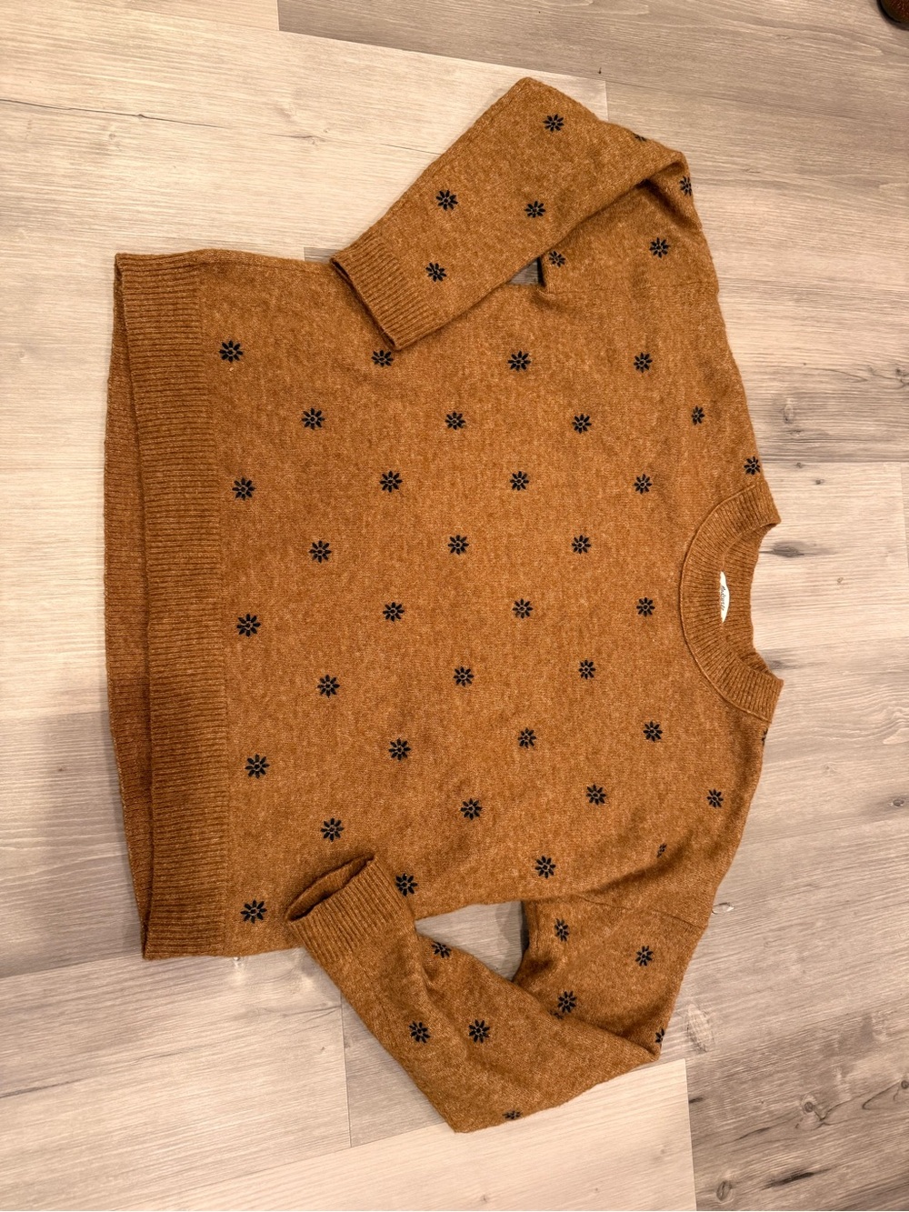 Madewell Wool-Blend Brown Crewneck Sweater with Floral Dots